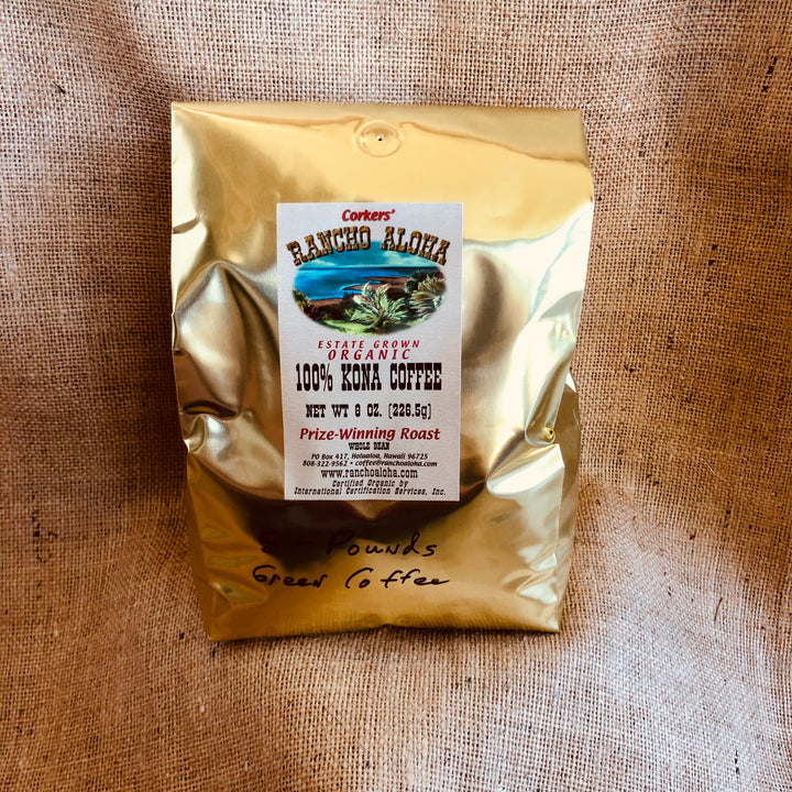 Rancho Aloha's 100% Kona Coffee, green unroasted coffee, Organic, Estate grown cofee