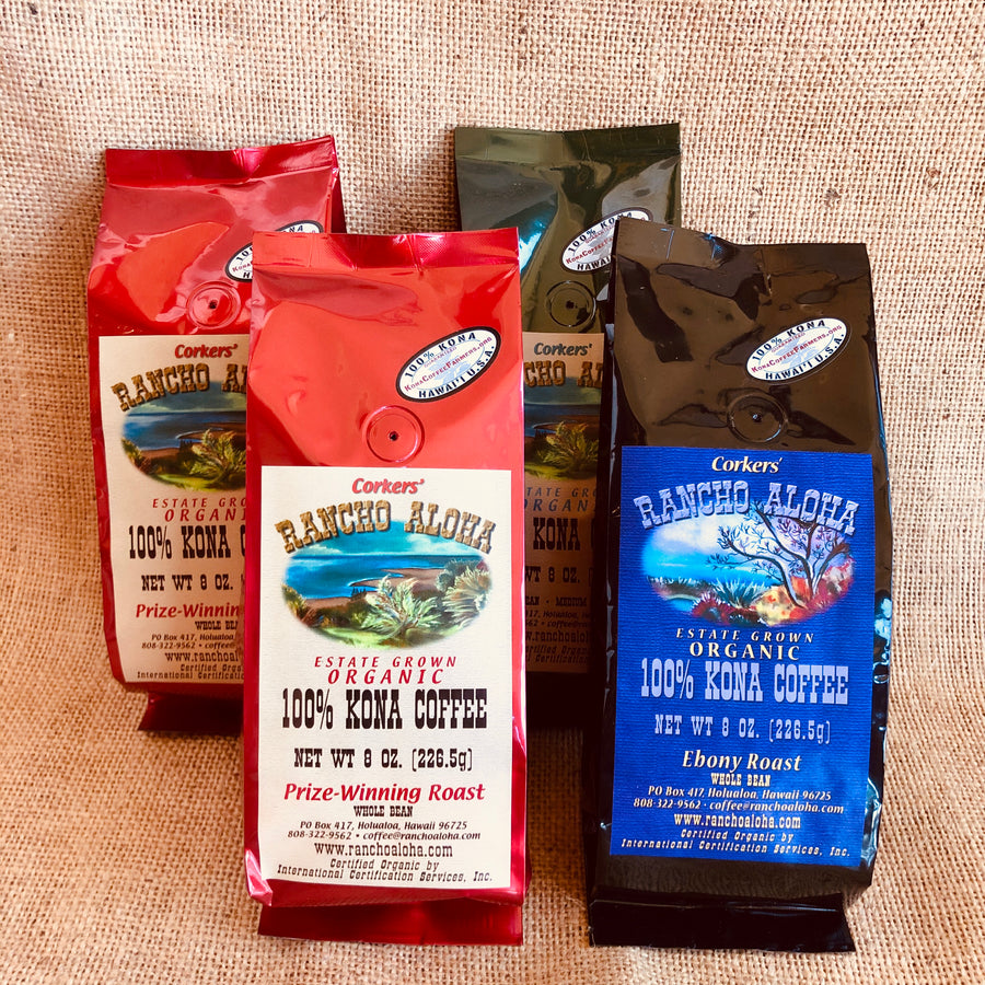 Rancho Aloha's 100% Kona Coffee, Sampler Pack including 2 8-oz bags of prize-winning roast, one ebony roast, and one medium-dark roast, Organic, Estate grown cofee